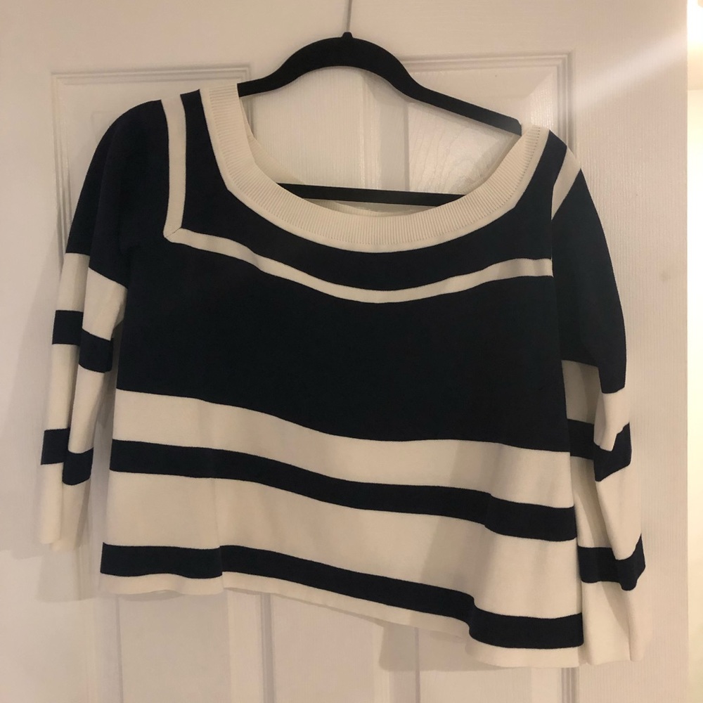 Jcrew navy and white off the shoulder sweater.